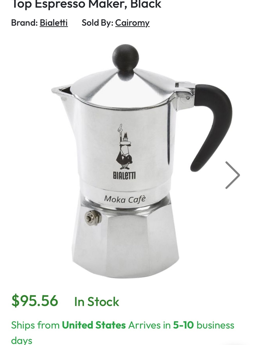 Bialetti Moka Café Stovetop Espresso Maker - Black Handle